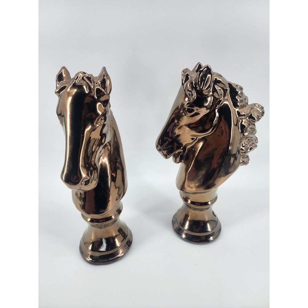 Vintage Bronze Metallic Ceramic Horse Head Bust Statues Pair Chess Knight Style - Picture 2 of 4